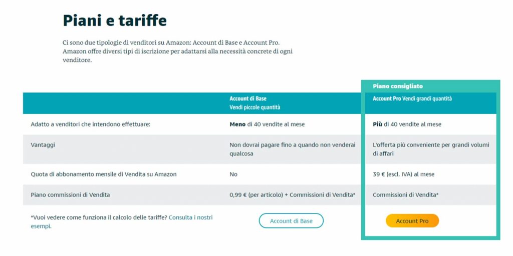 vendere su amazon - account e tariffe
